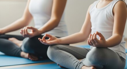 Two people meditating in a yoga pose with hands in mudra