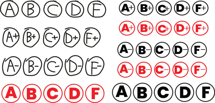Grading scale with letter grades in black and red