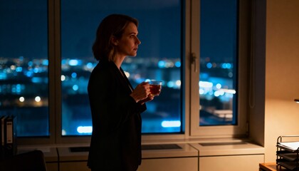 woman in workplace holding hot drink and gazing at city skyline after hours