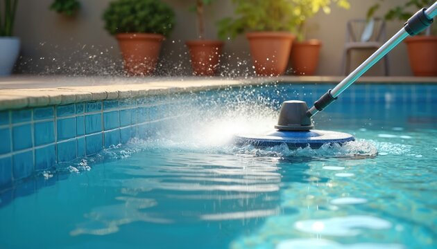 Automated pool cleaner scrubs blue tiled edge, spraying water creating splashes. Poolside maintenance tool ensures sparkling water clarity and cleanliness, preparing for summer leisure.