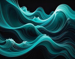 Flowing, stylized ocean waves in varying shades of teal and turquoise against a black backdrop, showcasing movement