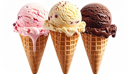 3 ice cream cones pink, vanilla, chocolate