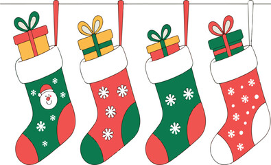 Four christmas stockings with gifts