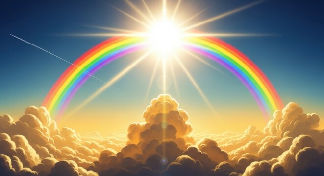 Radiant sunburst rainbow arching over golden clouds