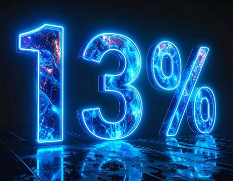 Digitally rendered illuminated numeral "13%" against a dark backdrop. The numbers are outlined in bright blue and filled with a cosmic, nebula-like pattern