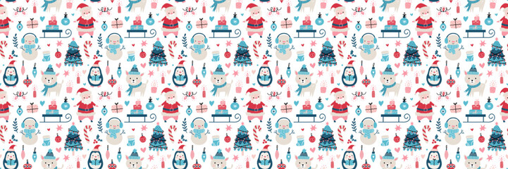 Seamless Christmas pattern with cute Santa characters, penguins, snowmen, reindeer, gift sleds, ornaments, candy canes, trees, winter elements in soft red, blue, and pink tones. Perfect for holidays