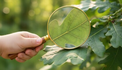 Child hand holding magnifying glass over green leaf in garden after rain symbol for earth day eco education climate awareness and love of nature detail