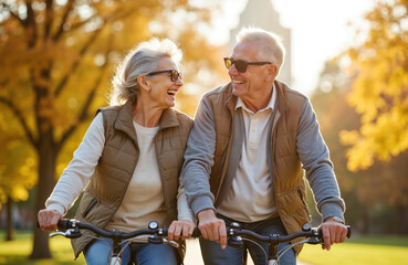 Obraz premium Happy senior couple ride bicycles together in a sunlit park during autumn. They smile and laugh while cycling on bikes, enjoying active retirement outdoors. This scene shows love and togetherness.