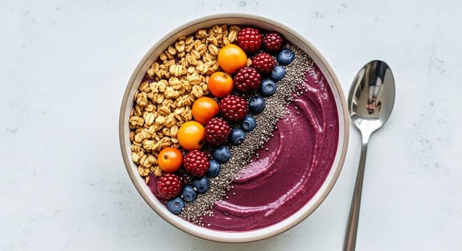 Healthy Smoothie Bowl with Berries and Oats on White Background