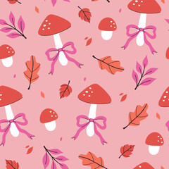 Seamless pattern with fly agarics, bows, and leaves. Vector graphics.