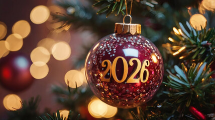 Happy New Year 2026. Beautiful Christmas background, banner of glass Christmas balls.