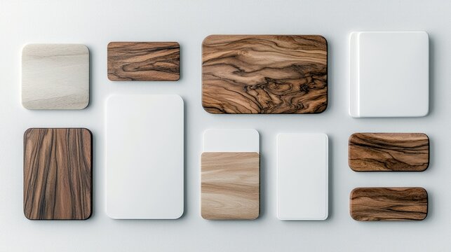 A collection of various wooden and white rectangular and square shapes with rounded corners are displayed on a plain white background.