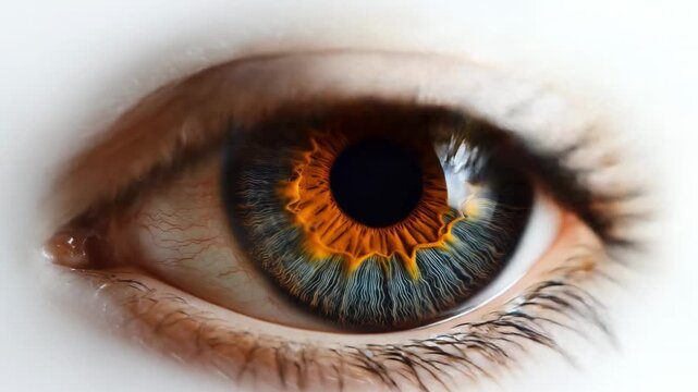 Close-up, bright eye with blue-gray iris and orange ring