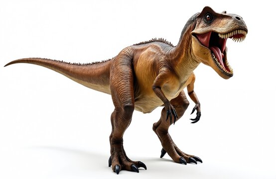 Realistic dinosaur model with sharp teeth, claws stands on white background. Large predator brown scaly skin, powerful legs, long tail. Prehistoric creature with open mouth roaring ferociously.