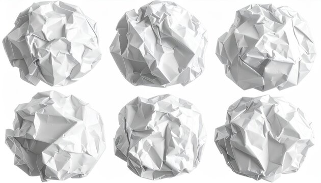 Six crumpled white paper balls on a white background