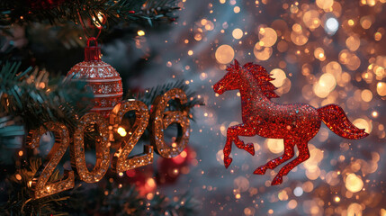 The symbol of the year is the red fire horse. We wish you a Happy New Year 2026. A luxurious poster or banner for your party and New Year's Eve.