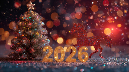 The symbol of the year is the red fire horse. We wish you a Happy New Year 2026. A luxurious poster or banner for your party and New Year's Eve.