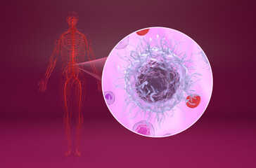 Hairy cell leukemia (HCL) cells in blood flow - isometric view 3d illustration