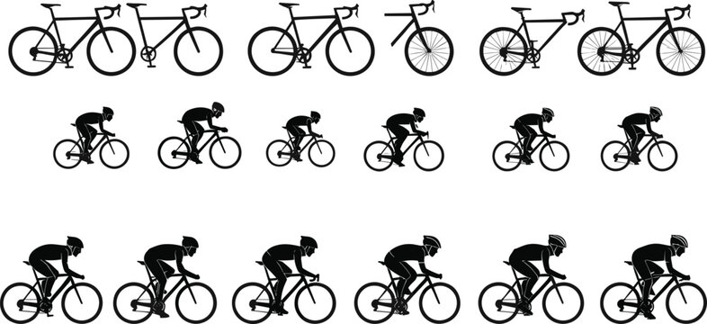 Cyclist riding road bike silhouette set, professional cycling athlete on racing bicycle collection, sports competition training scene illustration, outdoor fitness activity vector