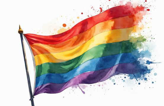 Wavy rainbow pride flag painted in watercolor style. Colors splash and blend across white background. Symbolizes freedom and equality with vibrant hues. Artistic and simple design concept.