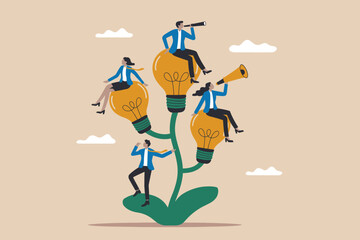 Business team collaborating on a growing plant of lightbulbs, symbolizing innovative idea development and future vision.