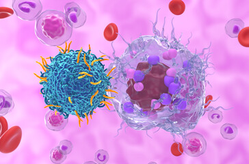 CAR T cell therapy in neuroendocrine tumor (NET) - closeup view 3d illustration