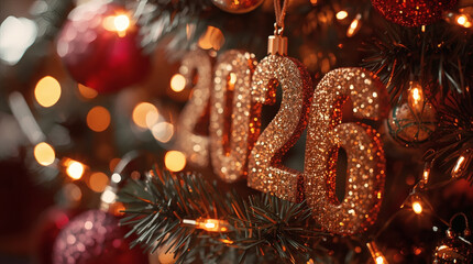 Banner. Shiny gold numbers 2026 and a beautiful bokeh on a dark background. The fiery horse is the symbol of the year. Happy New Year and Merry Christmas.