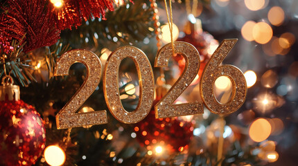 Banner. Shiny gold numbers 2026 and a beautiful bokeh on a dark background. The fiery horse is the symbol of the year. Happy New Year and Merry Christmas.
