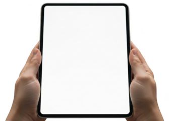 Two hands holding a modern digital tablet with a blank white screen, isolated on transparent background