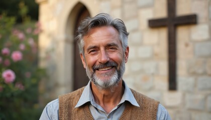Mature man with grey hair and beard smiles warmly near church. Stone building with wooden cross behind him. He looks calm and happy outdoors during daylight.