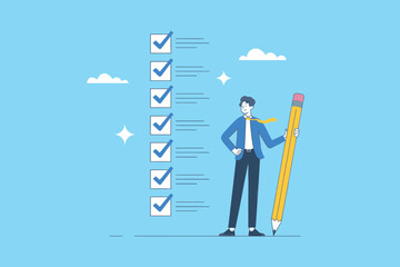 Businessman efficiently completing long task list with giant pencil, symbolizing success, planning, and productivity