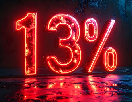 Digitally rendered illuminated red numerical figures, indicating thirteen percent, glow against a dark textured background
