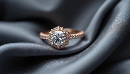 Close-up macro view of diamond engagement ring with rose gold band. Ring rests on elegant grey satin fabric. Luxury jewelry piece sparkles, ideal for wedding, anniversary, or proposal.