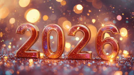 Banner. Shiny gold numbers 2026 and a beautiful bokeh on a dark background. The fiery horse is the symbol of the year. Happy New Year and Merry Christmas.