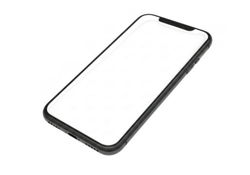 Black modern smartphone with blank white screen shown at an angle, isolated on transparent background