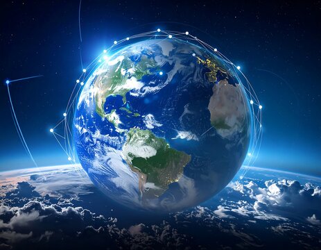 Digital composite depicting planet Earth with illuminated continents and connected nodes floating in space, surrounded by a starry backdrop