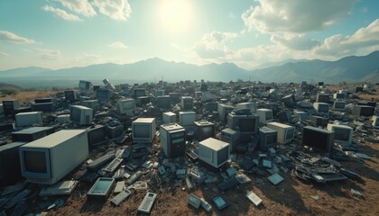 Piles of discarded old computers and monitors create electronic waste dump in arid landscape. Mountains form background under bright sun and clouds. This scene shows tech garbage and pollution.