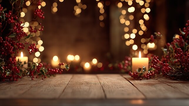 Warm Christmas table, candles, festive berries, golden bokeh lights. Ideal for banners, invitations, and holiday posts.