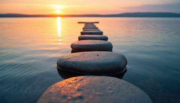 Stepping stones lead across calm water towards a warm sunset over the horizon. This serene path invites introspection and quiet contemplation, a peaceful journey into the fading light.