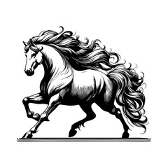 Majestic Running Horse Vector Illustration. Vintage engraving style stallion with flowing mane isolated on white background.