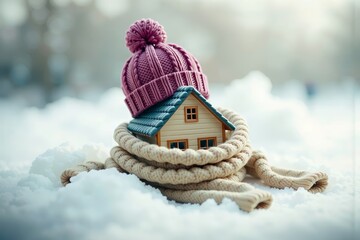 Naklejka premium Cozy model house wrapped in knitted scarf and hat on snowy ground. Creative winter metaphor for warmth, insulation, and energy efficiency. AI generated. 
