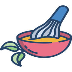 Hand Drawn Style Illustration Of A Whisk Mixing Yellow Liquid In A Pink Bowl With Green Leaves On The Side Isolated On A Transparent Background