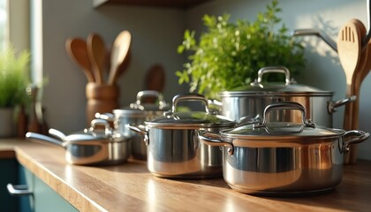 Shiny metal cooking pots and pans arranged neatly on kitchen counter. Selection of wooden spoons stands in holder behind cookware. Green plant adds life to scene. This is kitchen essential set.