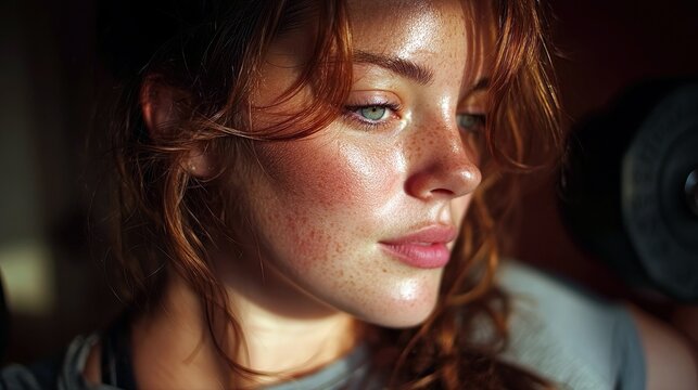 A close-up portrait of a young woman with auburn hair and freckles, her face reflecting effort and determination.