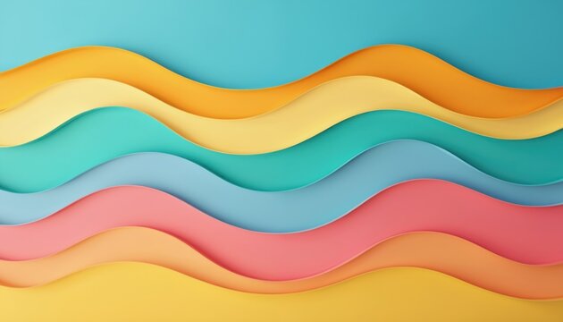 Layered colorful waves form abstract summer backdrop. Fluid shapes in pastel tones create graphic design elements. Clean background with soft curves for copy space.