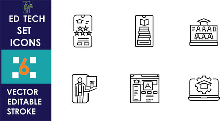 Fototapeta premium Minimal linear education-technology icon set featuring mobile learning, online courses, virtual classrooms, digital certificates, user profiles, and laptop settings, presented in a clean vector editab
