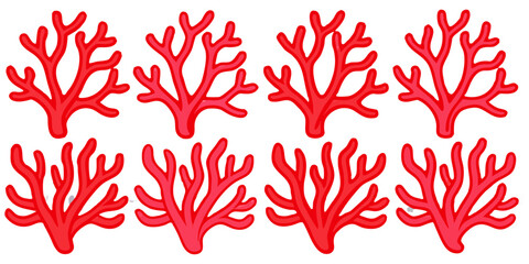 Vibrant Red Coral Collection Vector Detailed Marine Coral Branches & Ocean Reef Elements | Isolated Sea Life Illustration Set