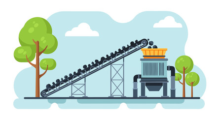 An industrial conveyor belt system transporting coal for processing at a mining plant, a flat design vector illustration of heavy machinery in a quarry