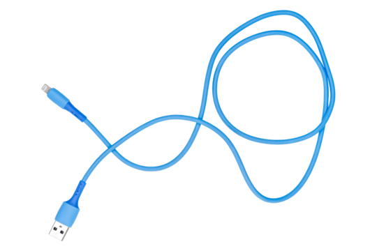 Blue phone charging cord isolated on white background