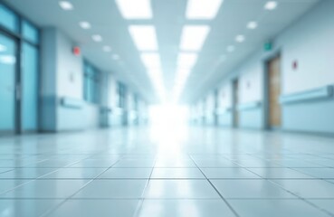 Obraz premium Empty hospital hallway with blurred background. Modern clinic corridor with bright light at end. Clean medical interior with shiny floor represents healthcare, recovery. Versatile image suits diverse